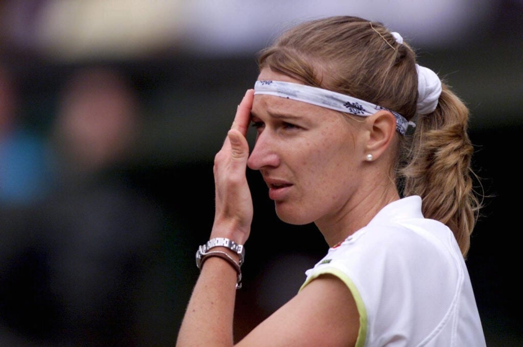 Steffi Graf looks on at Wimbledon in 1999.