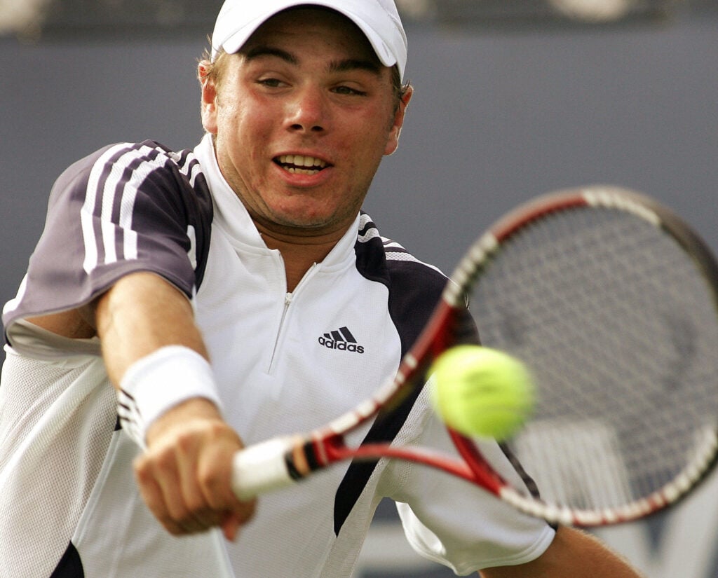 Stanislas Wawrinka of Switzerland returns to number ten seeded Mariano Puerta during the US Open 1 September, 2005 in Flushing Meadows, NY. Wawrinka won the match