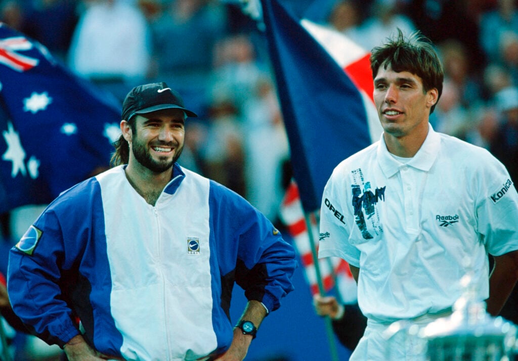 Andre Agassi and Michael Stich pictured after the 1994 US Open final.