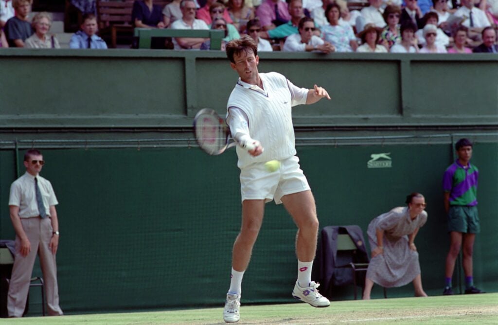 Jeremy Bates hits a forehand at Wimbledon in 1992.