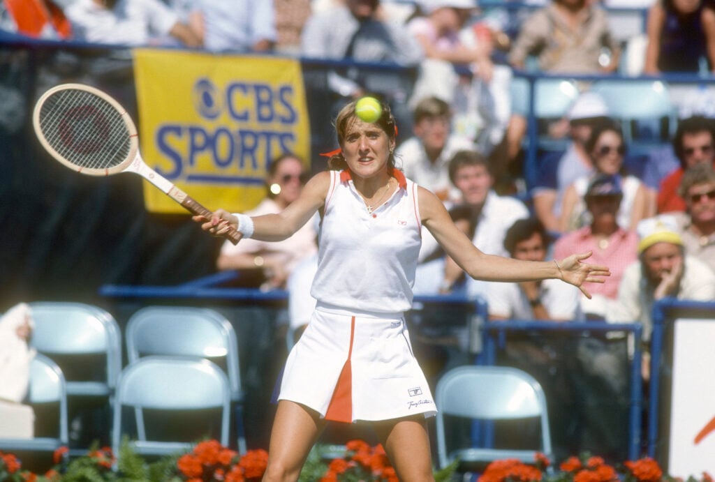 Tennis player Tracy Austin of the United States hits a return during the women 1981 U.S. Open Tennis Tournament circa 1981 at the USTA National Tennis Center in the Queens borough of New York City.