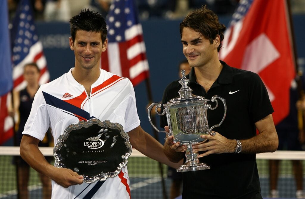 2007 U.S. Open Men's Singles Champion Roger Federer of Switzerland and runner-up Novak Djokovic of Serbia pose for a photo after the Men's Singles Final on day fourteen of the 2007 U.S. Open in Arthur Ashe Stadium at the Billie Jean King National Tennis Center on September 9, 2007 in the Flushing neighborhood of the Queens borough of New York City.
