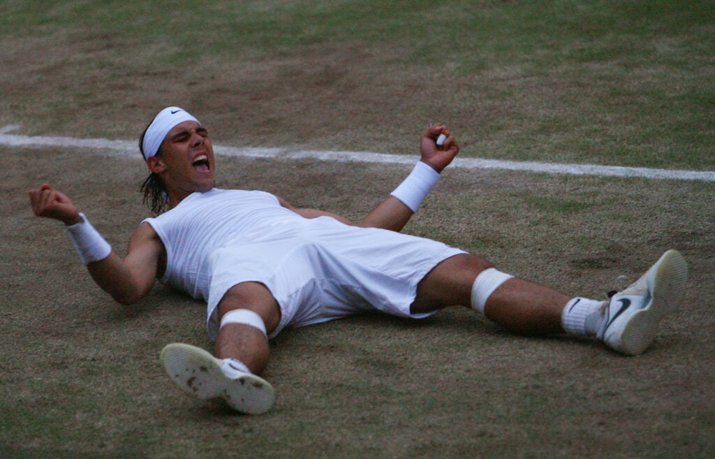 Rafael Nadal celebrates winning Wimbledon in 2008.
